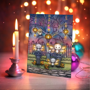 Tarjeta Hadas Gatitas en una Noche de Otoño Arte Adorable