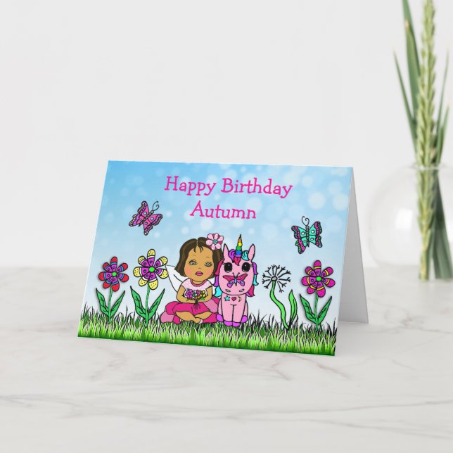 Tarjeta Hadas personalizadas y cumpleaños feliz de unicorn (Anverso)