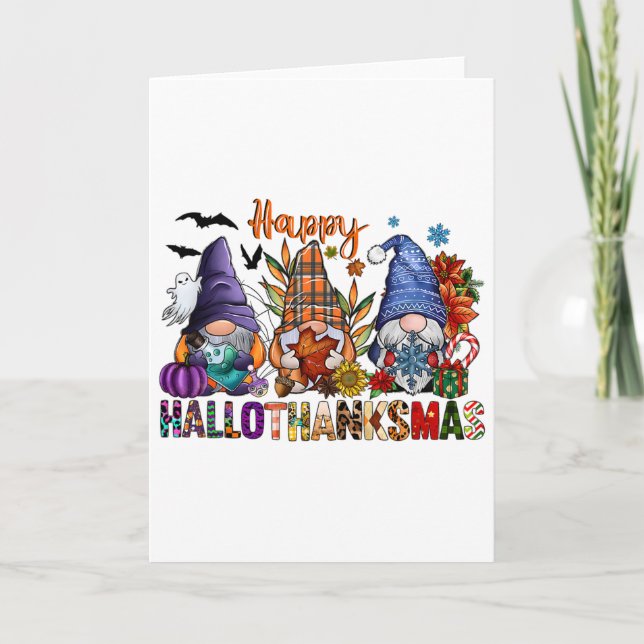 Tarjeta Hallothanksmas Gnomes Halloween Día de Acción de G (Anverso)