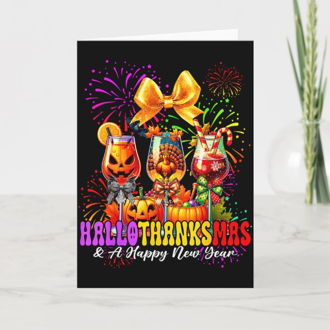 Tarjeta Hallothanksmas y fuegos artificiales de Año Nuevo  (Anverso)