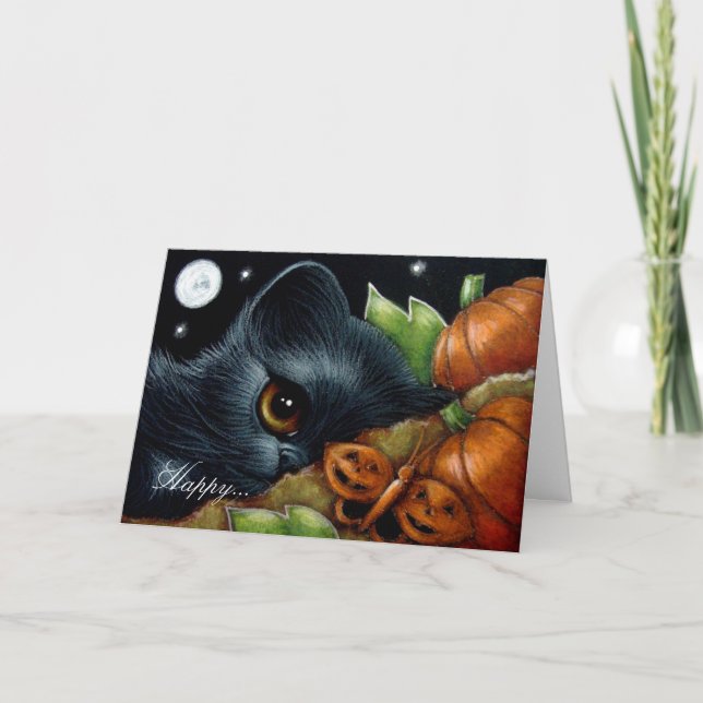 Tarjeta HALLOWEB BLACK KITTEN CAT PUMPKIN BUTTERFL (Anverso)