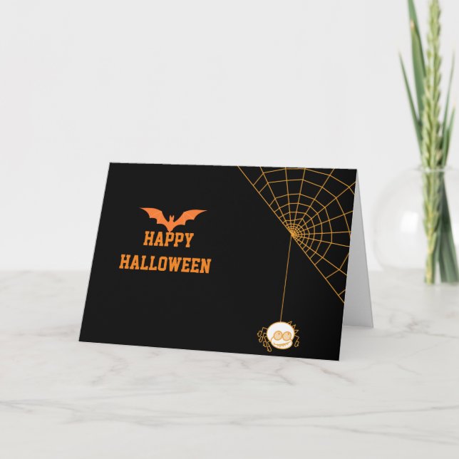 Tarjeta Halloween 2020 feliz con Black Bat and Spider web (Anverso)
