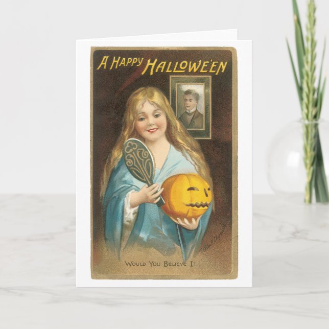 Tarjeta Halloween a la antigua, Chica con espejo de mano (Anverso)