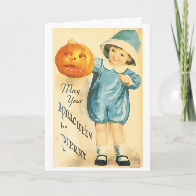 Tarjeta Halloween a la antigua, Chica sostiene calabaza (Anverso)