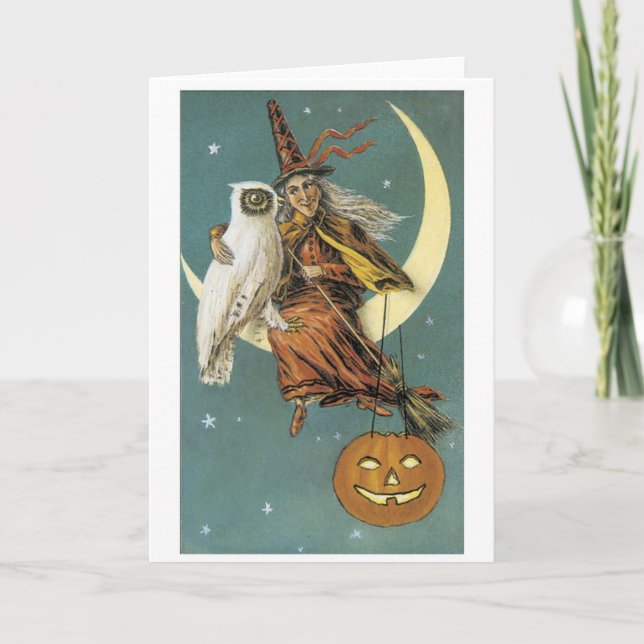 Tarjeta Halloween a la vieja usanza, Bruja con búho (Anverso)
