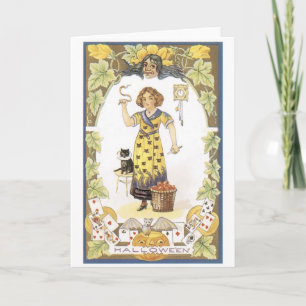 Tarjeta Halloween a la vieja usanza, Chica con gato negro