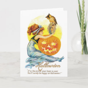 Tarjeta Halloween a la vieja usanza, Chica con lechuza