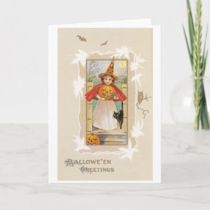 Tarjeta Halloween a la vieja usanza, chica de brujas