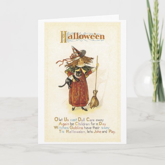 Tarjeta Halloween a la vieja usanza, chica de brujas con g (Anverso)