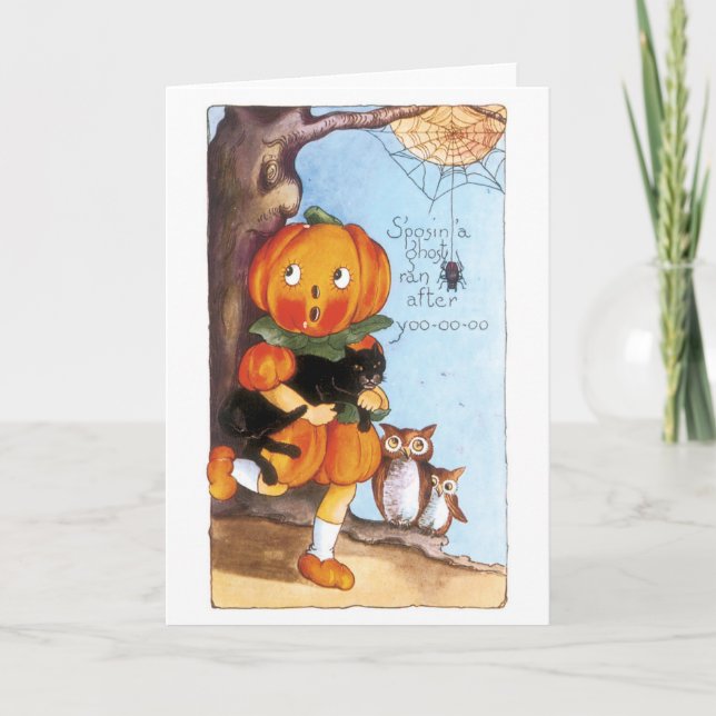 Tarjeta Halloween a la vieja usanza, chica de calabaza, ga (Anverso)
