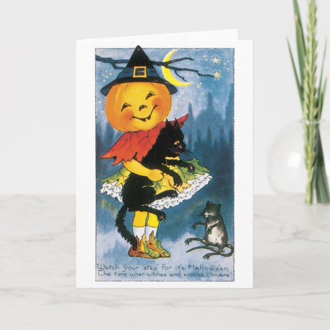 Tarjeta Halloween a la vieja usanza, Chica de Jack-o'-lant (Anverso)