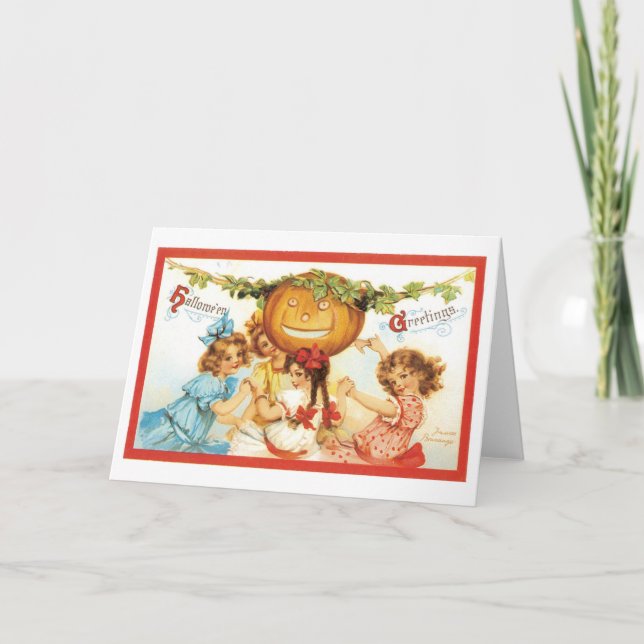 Tarjeta Halloween a la vieja usanza, Chicas con calabaza (Anverso)