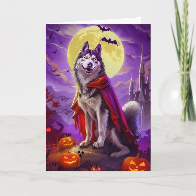 Tarjeta Halloween Alaskan Malamute Vampire Calabazas Espel (Anverso)
