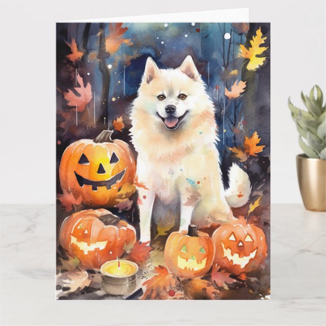 Tarjeta Halloween American Akita con calabazas aterradoras (Planta pequeña)