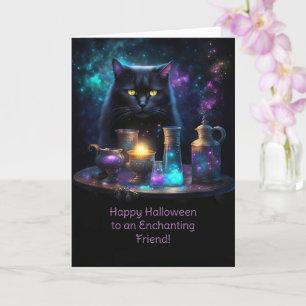 Tarjeta Halloween amigo con gatos negros y pociones mágica