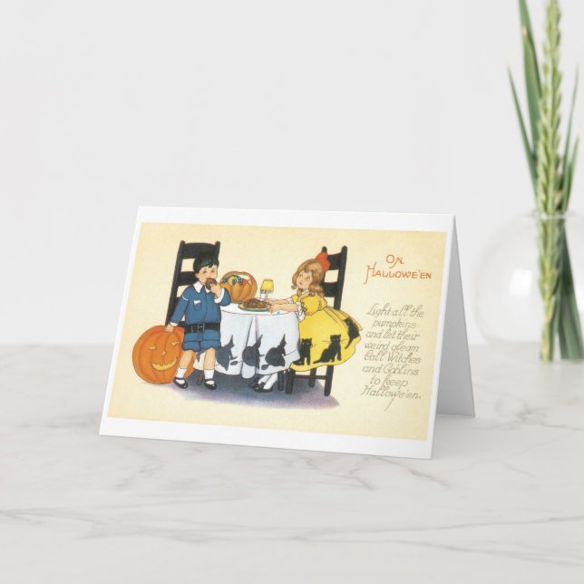 Tarjeta Halloween anticuado, chico y Chica (Anverso)