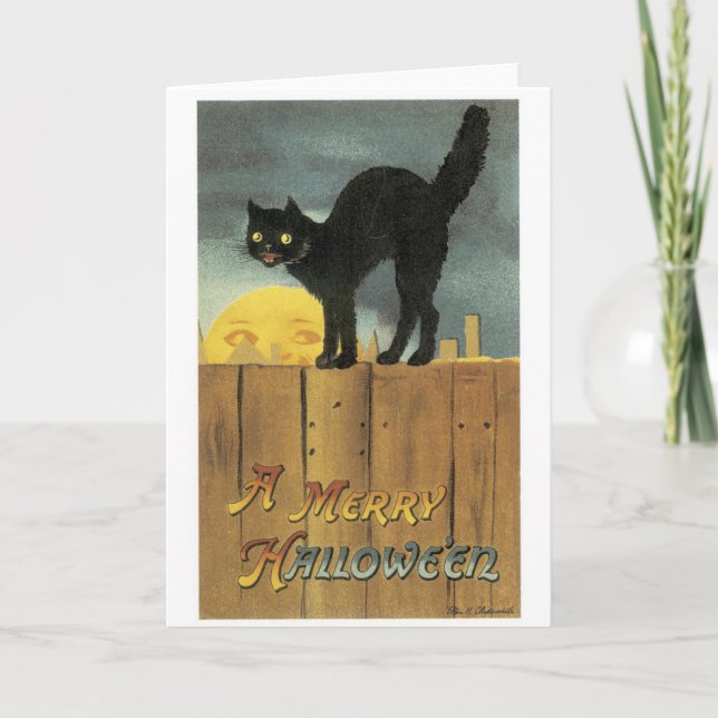 Tarjeta Halloween anticuado, gato negro y luna llena (Anverso)