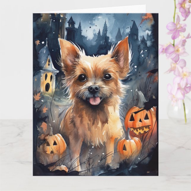 Tarjeta Halloween Australian Terrier con calabazas aterrad (Orquídea)