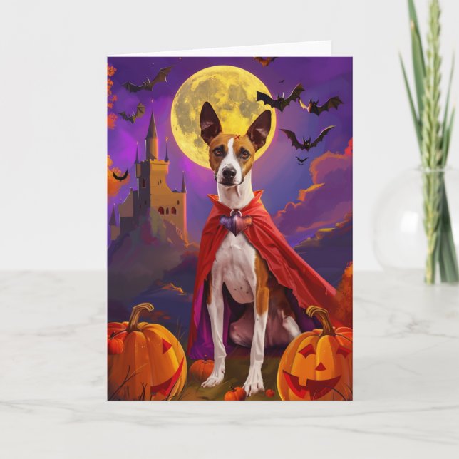 Tarjeta Halloween Basenji Calabazas de perro asustan (Anverso)