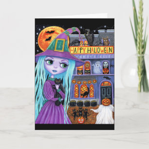 Tarjeta Halloween Bash Black Cat Cute Witch Hauned House