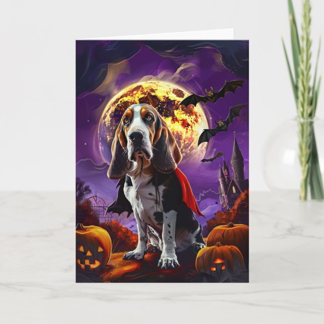 Tarjeta Halloween Basset Hound Dog Pumpkins Scarnio (Anverso)