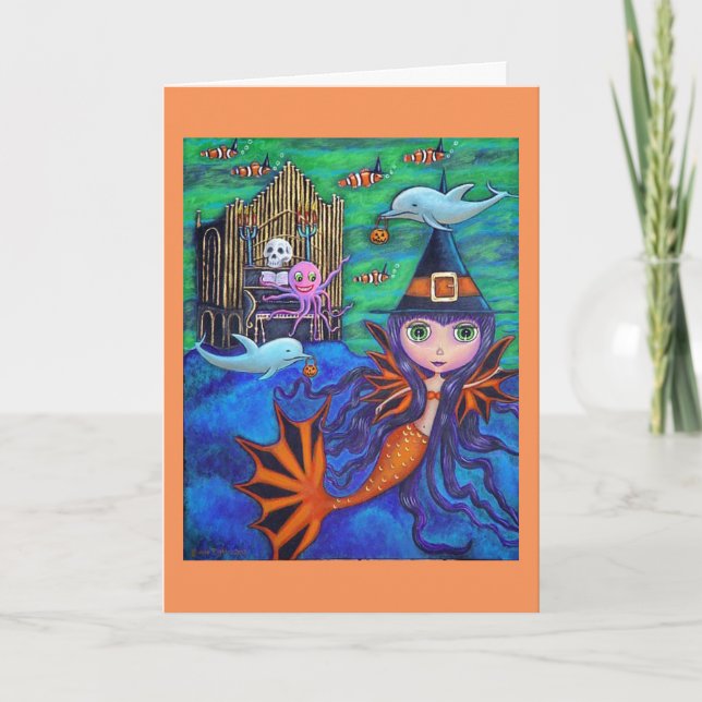 Tarjeta Halloween Bat Mermaid Witch Dolphins Octopus Organ (Anverso)