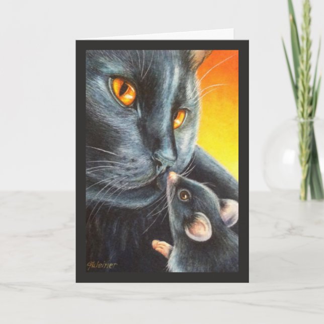 Tarjeta Halloween Black Cat & Black Mouse Watercolor Art (Anverso)