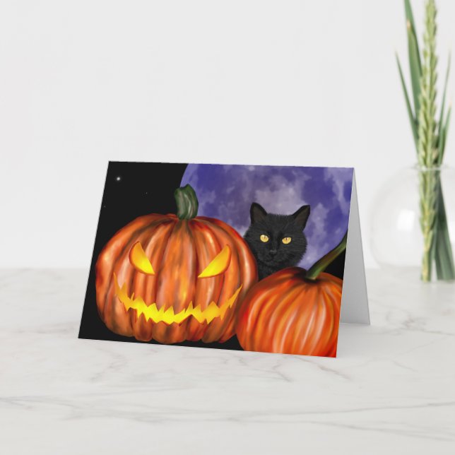Tarjeta Halloween Black Cat Naranja Pumpkins Art (Anverso)