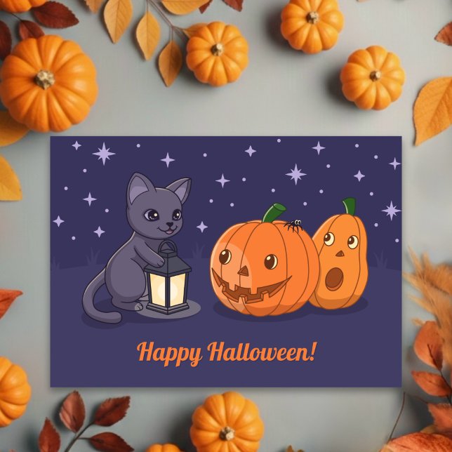 Tarjeta Halloween Black Cat, Pumpkins, Lantern on Purple (Subido por el creador)