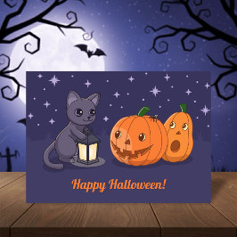 Tarjeta Halloween Black Cat, Pumpkins, Lantern on Purple