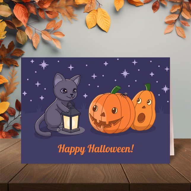 Tarjeta Halloween Black Cat Pumpkins Lantern Purple (Subido por el creador)