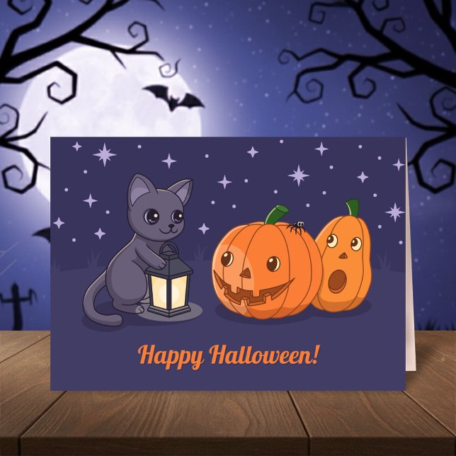 Tarjeta Halloween Black Cat Pumpkins Lantern Purple (Subido por el creador)