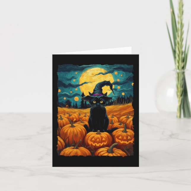 Tarjeta Halloween Black Cat Van Gogh Witch Kawaii Pumpkin (Anverso)