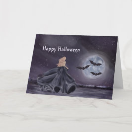 Tarjeta Halloween Black Cat Witch Calabaza Suculentas Bats