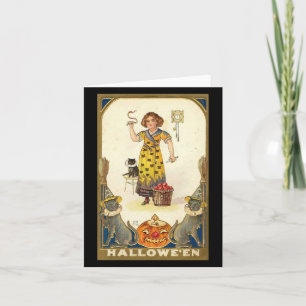 Tarjeta Halloween Black Cats Pumpkin Witch Vintage