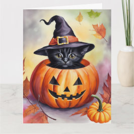 Tarjeta Halloween Black Kitten Witch Gorra Pumpkin