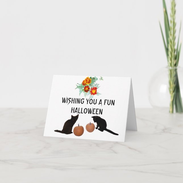 Tarjeta Halloween Black Kittens Naranja Pumpkins Marigols (Anverso)