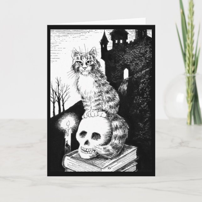 Tarjeta Halloween blanco negro de gato lindo, cualquier ta (Anverso)