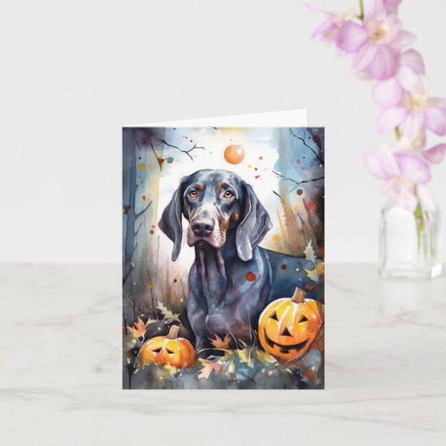 Tarjeta Halloween Bluetick Coonhound con calabazas aterrad (Orquídea)
