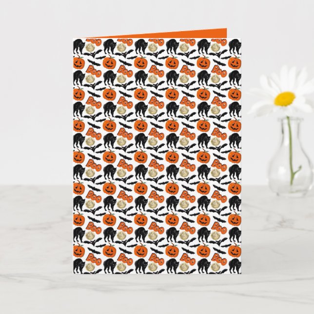 Tarjeta Halloween Boo Bats Calabaza De Gatos Y Dibujo De L (Planta pequeña)
