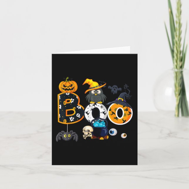 Tarjeta Halloween Boo Owl Con Gorra De Brujas Spiders Chic (Anverso)
