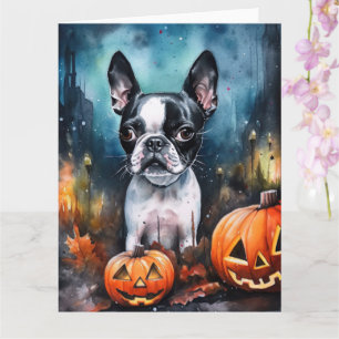 Tarjeta Halloween Boston Terrier con calabazas aterrador