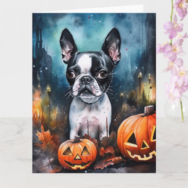 Tarjeta Halloween Boston Terrier con calabazas aterradoras (Orquídea)