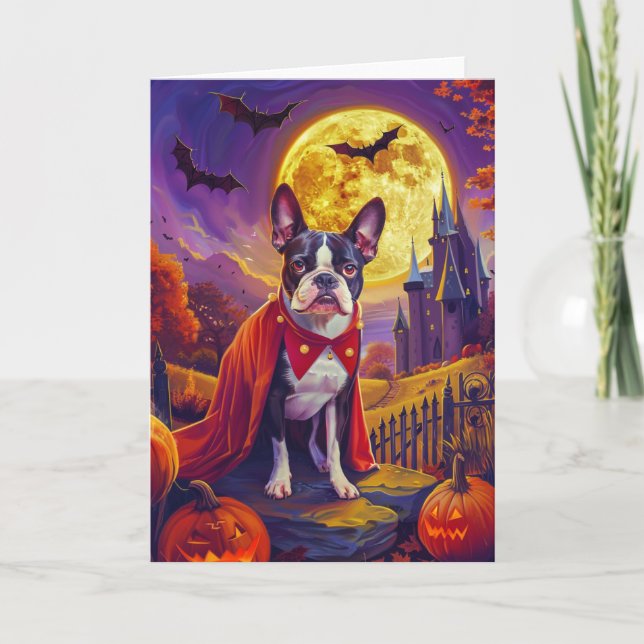 Tarjeta Halloween Boston Terrier Dog Pumpkins Scary (Anverso)