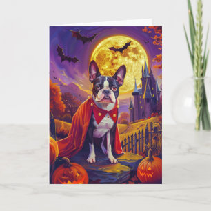 Tarjeta Halloween Boston Terrier Perro Calabazas Espeluzna