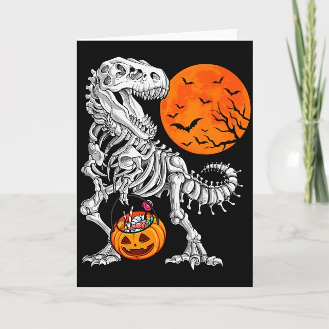 Tarjeta Halloween Boys Dinosaur Skeleton T Rex Y Pumpkin M (Anverso)