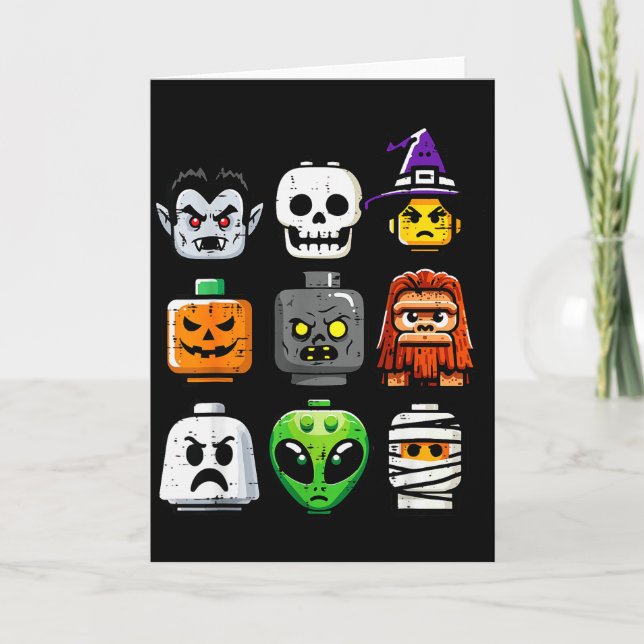 Tarjeta Halloween Brick Pumpkin Ghost Heads Costume Boys K (Anverso)