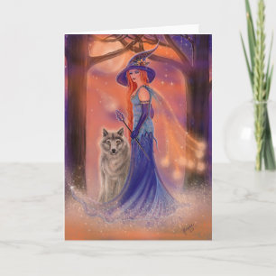 Tarjeta Halloween bruja y carta de lobos por Renee Lavoie