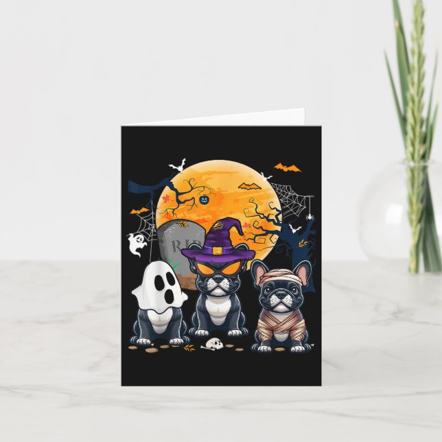 Tarjeta Halloween Bulldoges franceses Cosplay Witch Ghost  (Anverso)
