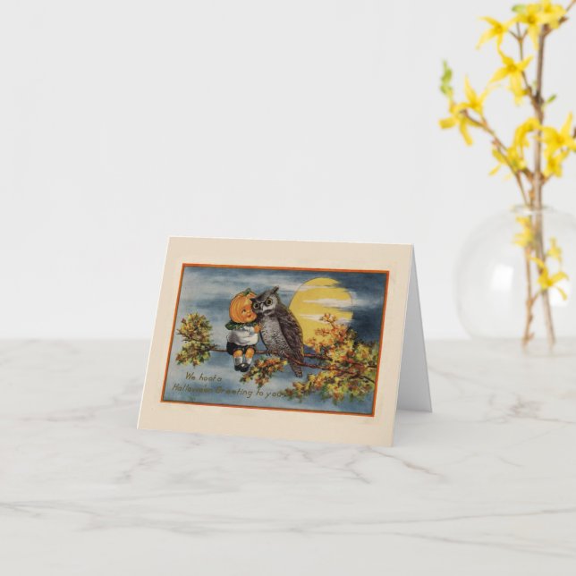 Tarjeta Halloween Calabaza Chico Rama de árbol de búho Moo (flor amarilla)